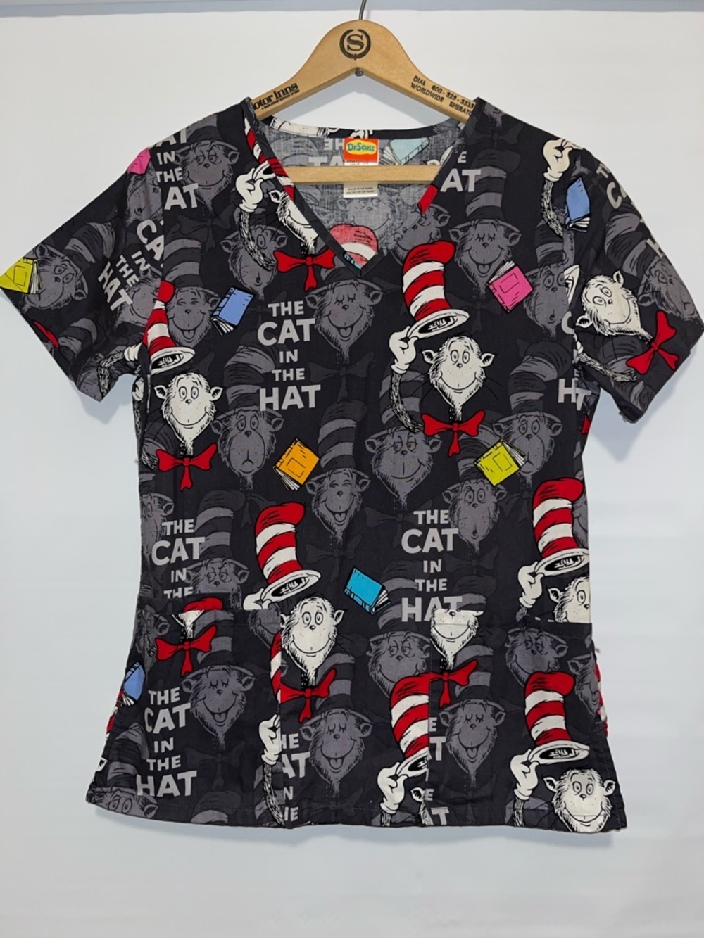 Dr. Seuss Cat in the Hat Scrub Top - Black, Red & Multicolor Accents
